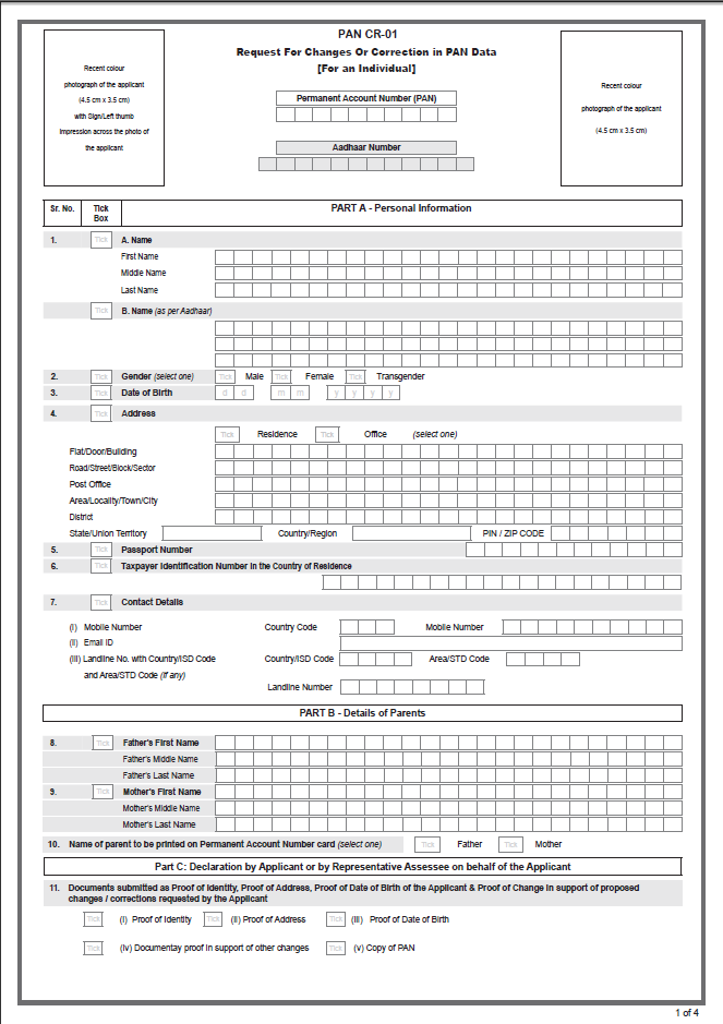 Pan Card Correction Form Download PDF